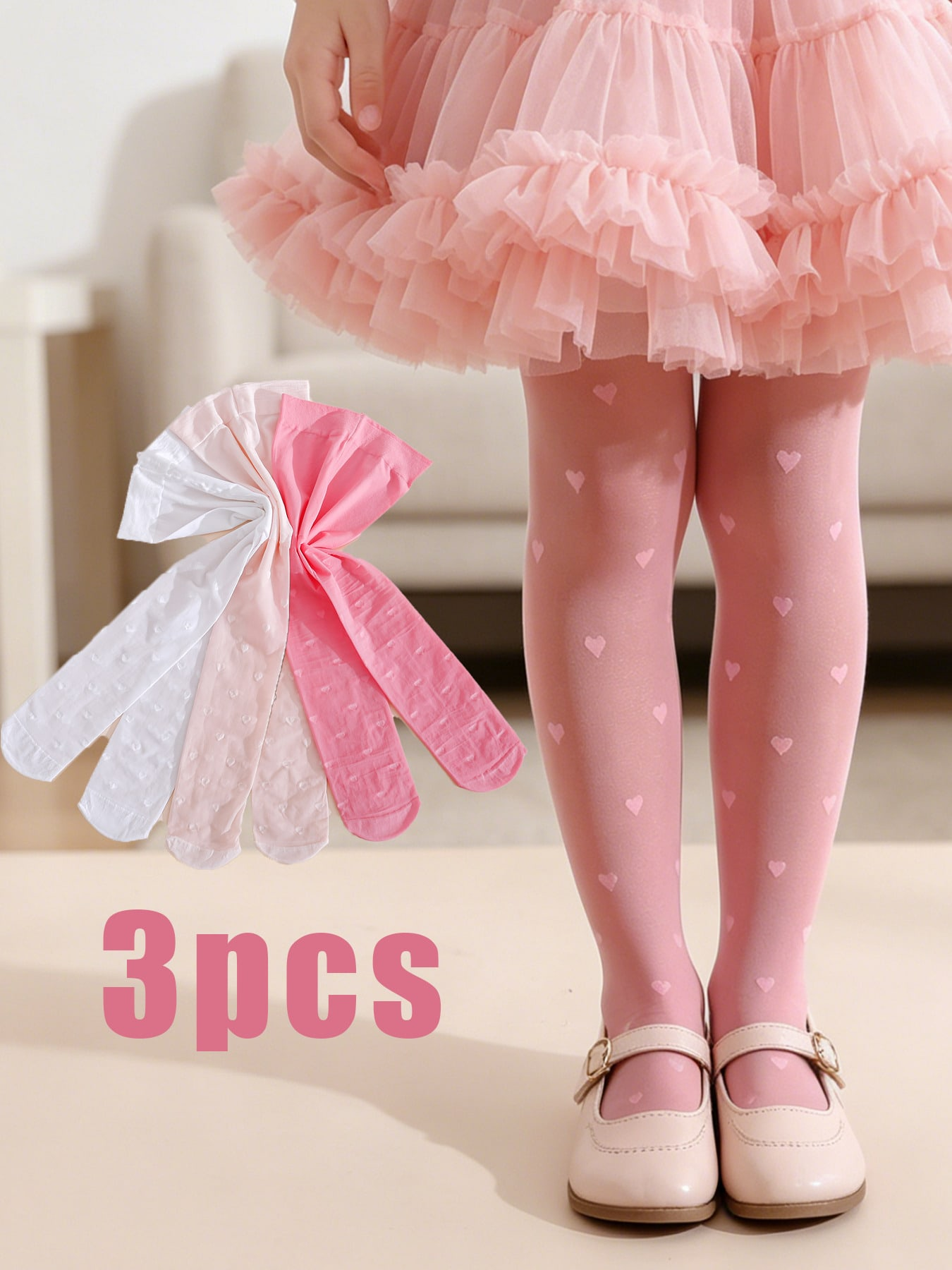 3Pcs Girls Heart Print Tights  - Tights Pantyhose Sheer บทวิจารณ์และราคา